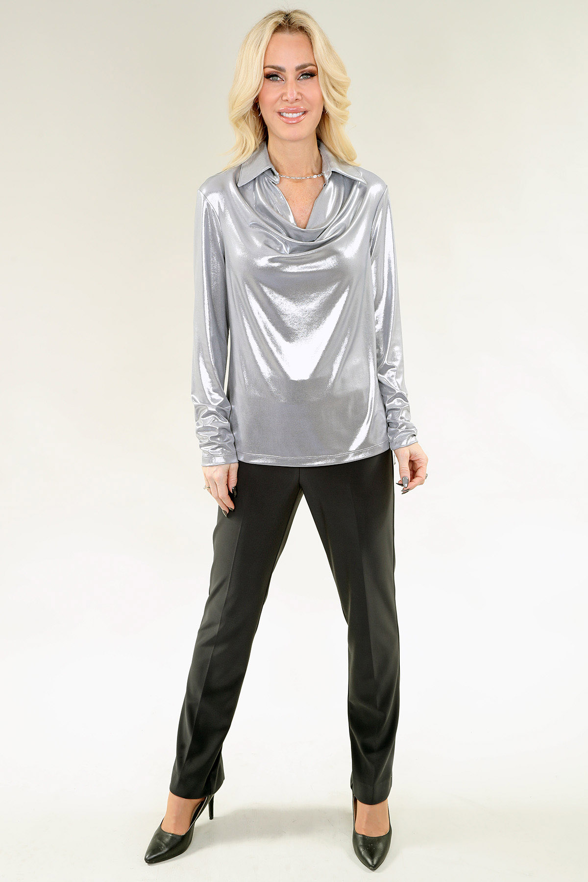 Long Sleeve Top Cowl Neck in Silver or Bronze Top Laminated Jersey