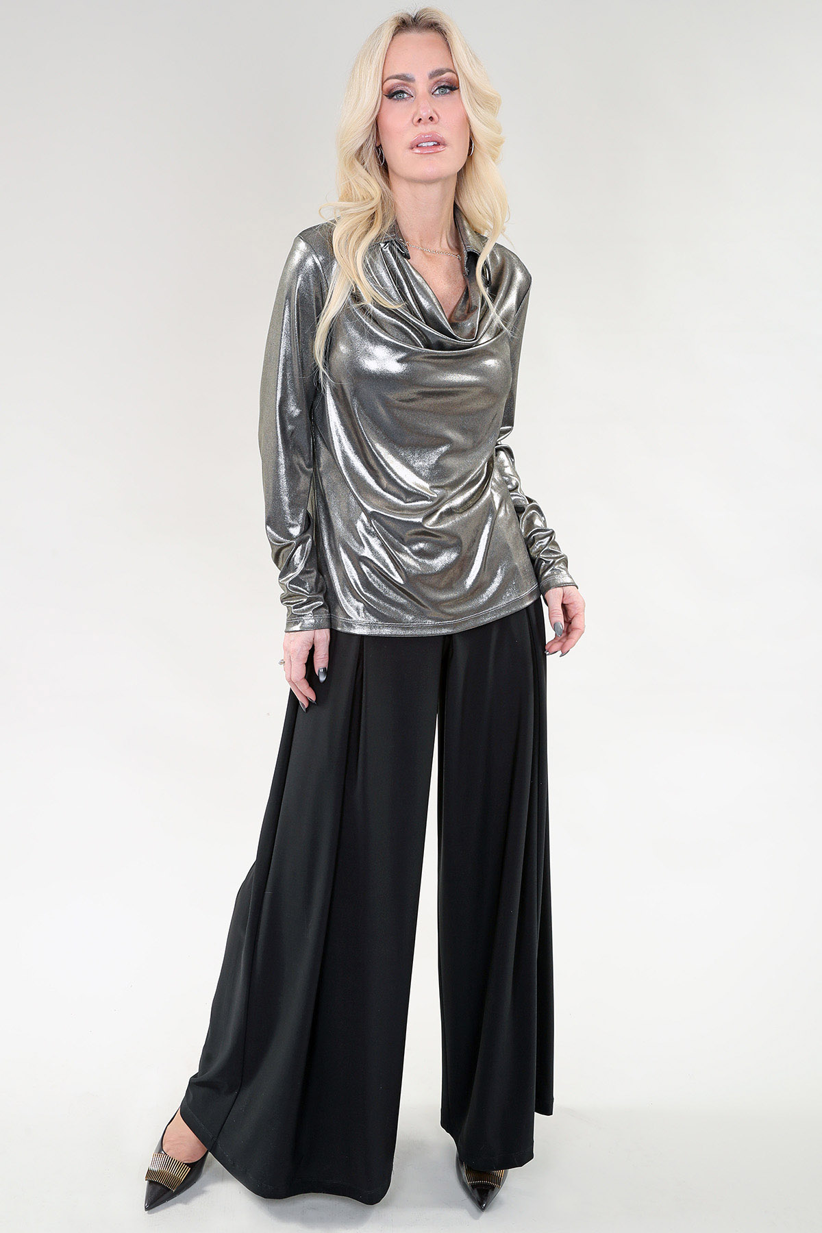 Long Sleeve Top Cowl Neck in Silver or Bronze Top Laminated Jersey - Image 2