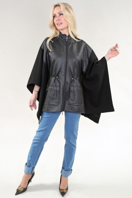 Poncho with Zipper in A/S Black Poncho Combo Leather & Wool Blend