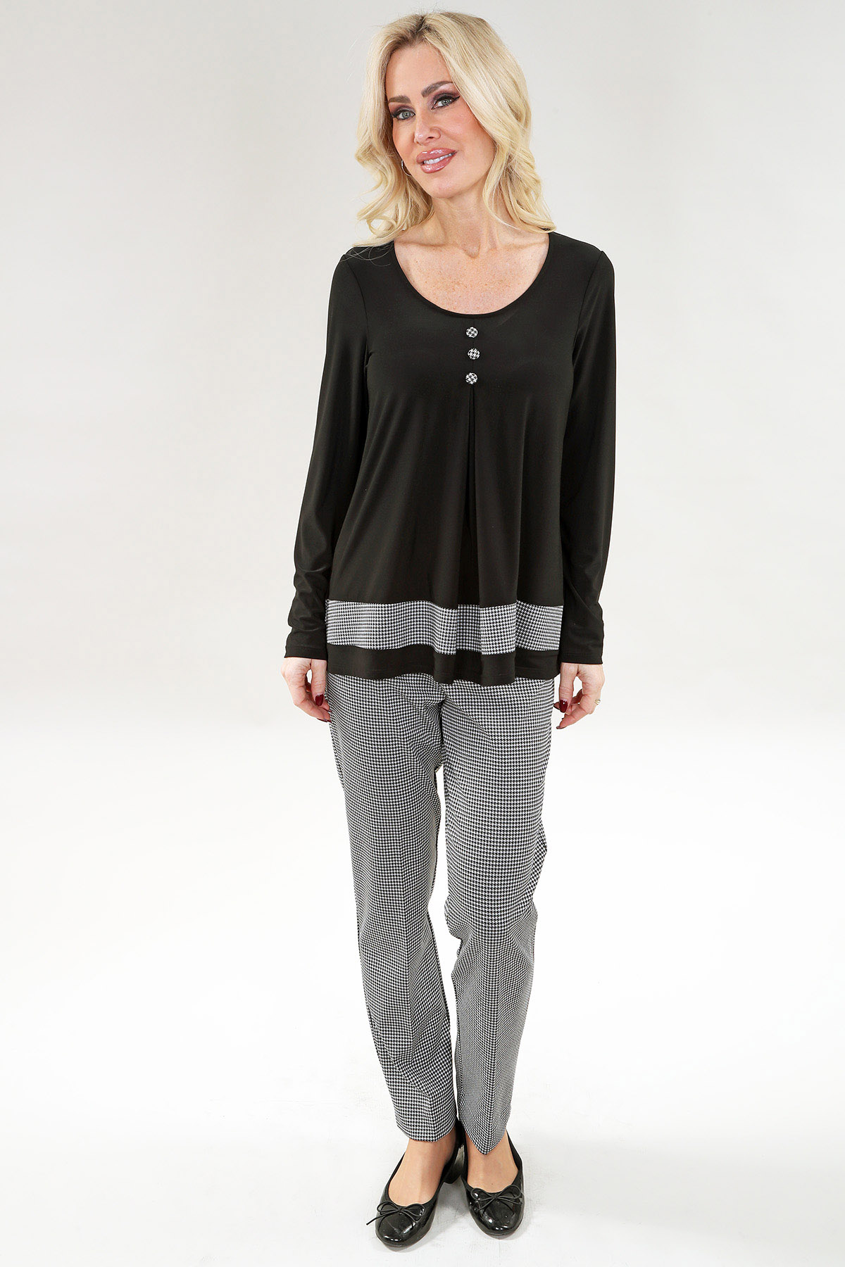 Long Sleeve Top Front Buttons with Pleat in A/S Black Top Combo ITY & Print KNIT