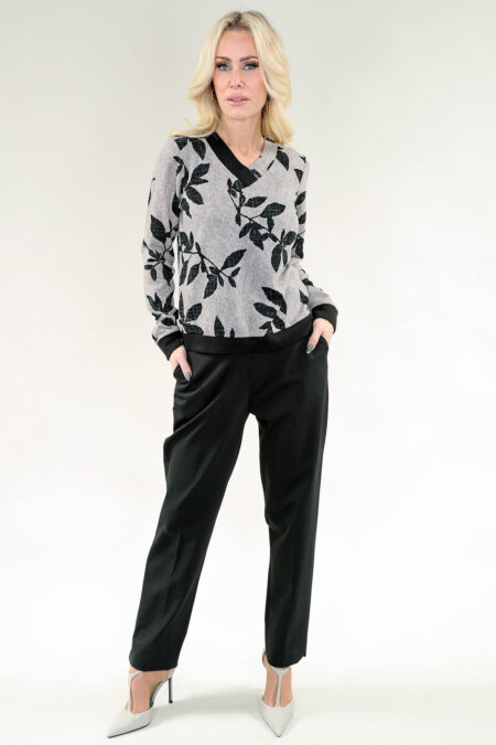 Long Sleeve Top V-Neck in A/S Oatmeal black leaf Top Printed Sweater Knit