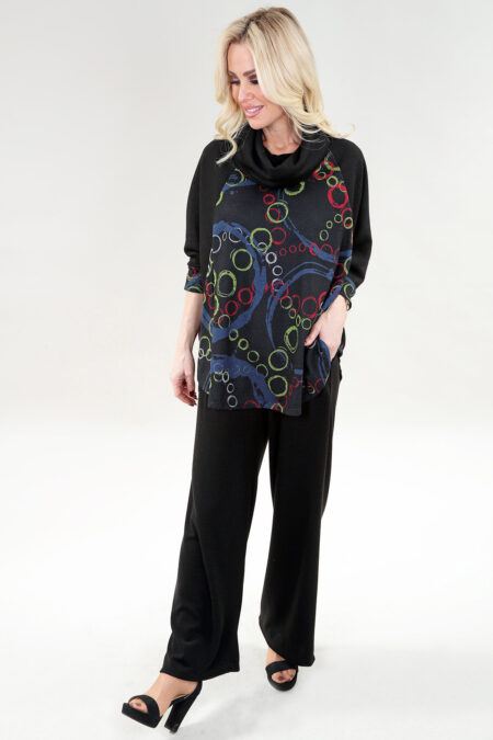 Haut à manches 3/4 col bénitier – Combo Noir et Imprimé Maille Tricot, Noir Cercle Mulit Imprimé