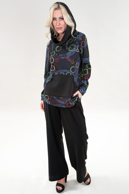 Haut à manches longues à capuche poche avant – Combo Noir et Imprimé Maille Tricot, Noir Cercle Mulit Imprimé