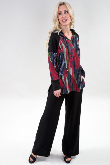 Long Sleeve Hooded Top Half Zipper in A/S Berry multi print Top Combo Black & Print Sweater Knit