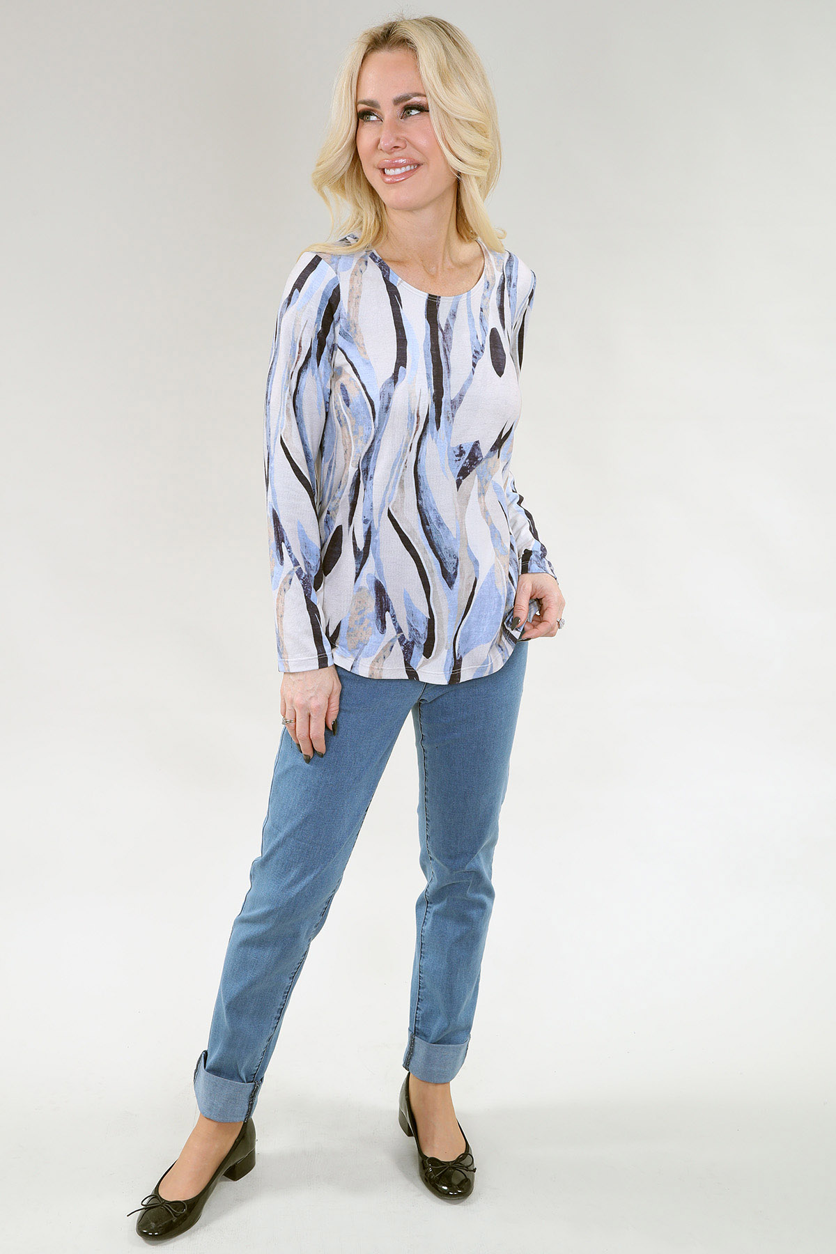 Haut à manches longues imprimé abstrait – Abstrait Maille Tricot, Bleu Beige