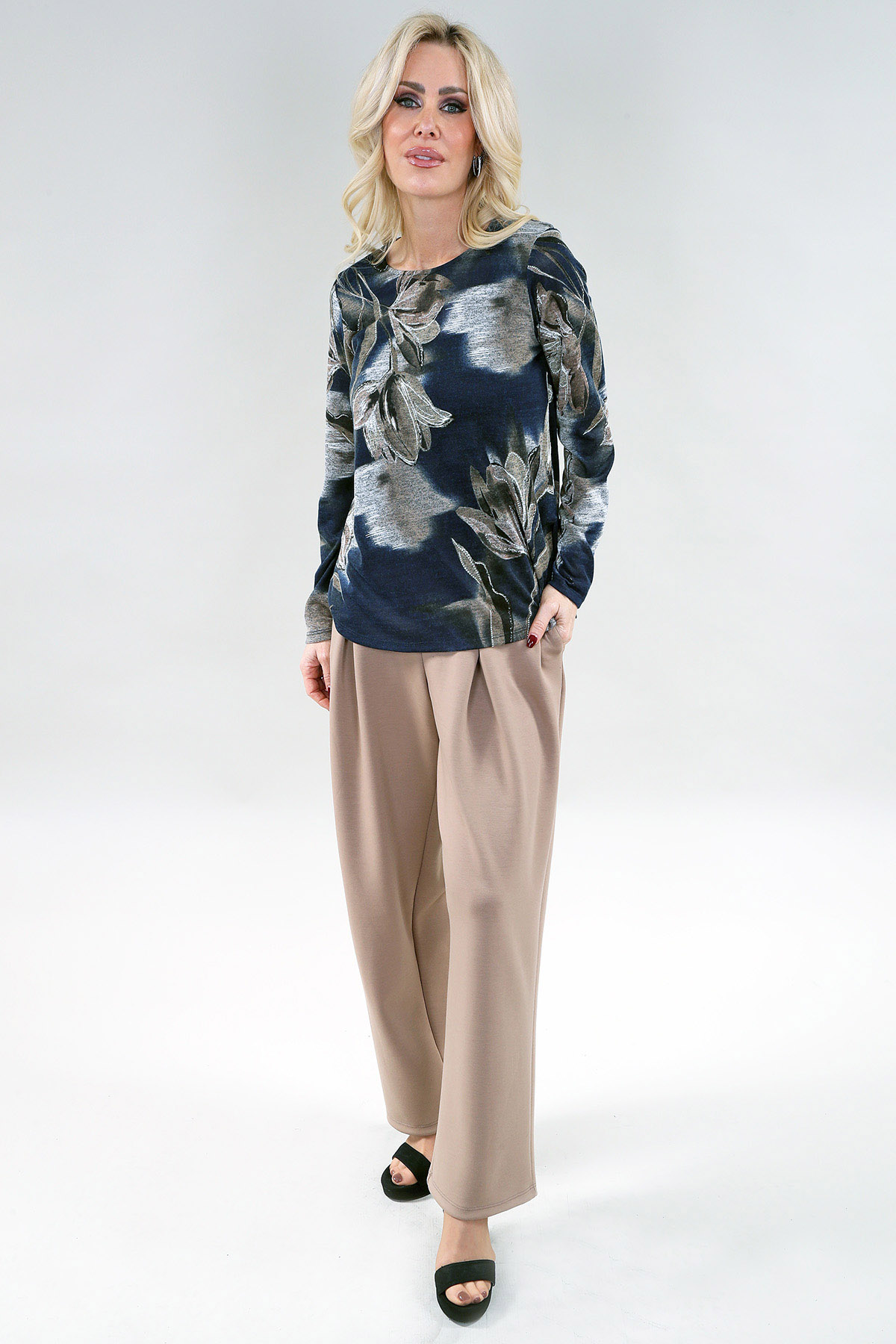 Haut à manches longues – Imprimé Maille Tricot, Marine Taupe Imprimé