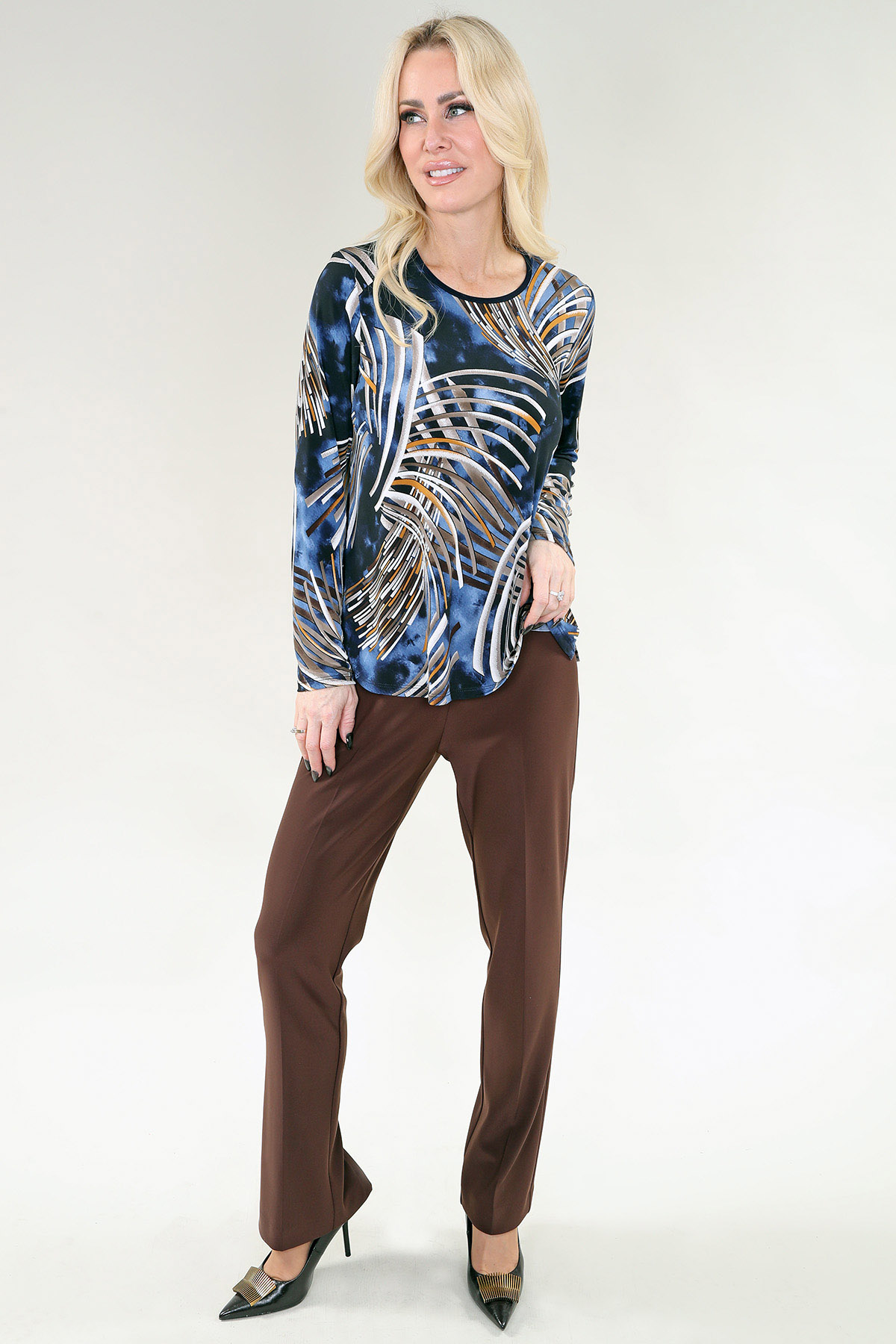 Long Sleeve Top in A/S Navy-blue prt Top Printed Knit