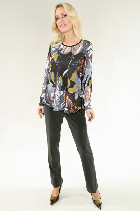 Long Sleeve Top Abstract Floral in A/S Black grey Top Premium Fabric