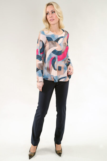 Long Sleeve Top Abstract Geometric Print in A/S Fuchsia beige Top Printed Knit