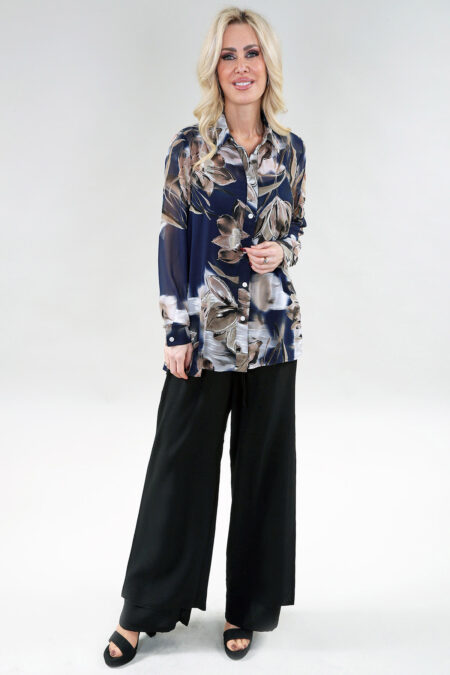 Long Sleeve Shirt in A/S Navy Taupe print Shirt Chiffon