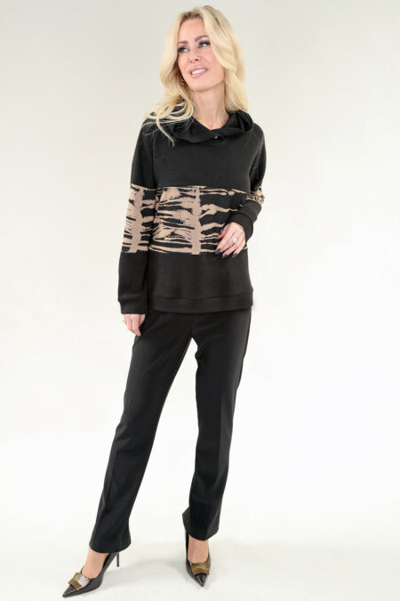 Long Sleeve Hooded Top in A/S Black animal print Top Combo Solid & Print Sweater Knit