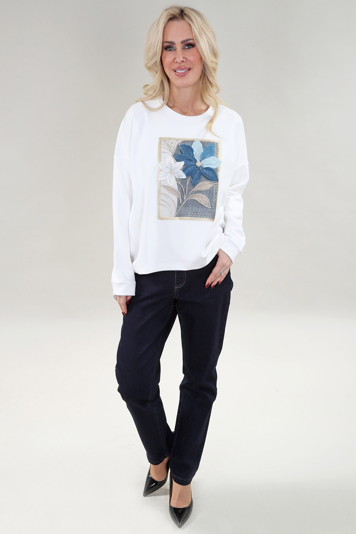 Long Sleeve Layered Sweater 3D Floral in A/S Ivory Top Sweater Knit