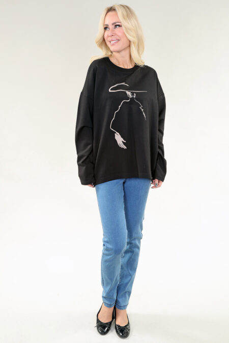 Long Sleeve Top Drawing of a Woman in Ivory or Black Top Cotton