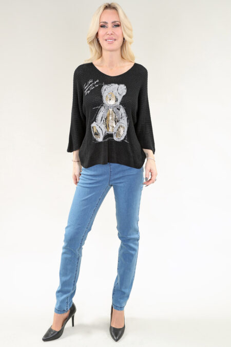 Long Sleeve Top Teddy Bear in A/S Black Top Waffle Knit
