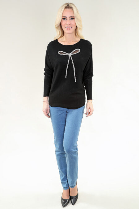 Long Sleeve Top Bow Tie Rhinestone and Mesh in Black or Ivory Top Viscose Blend