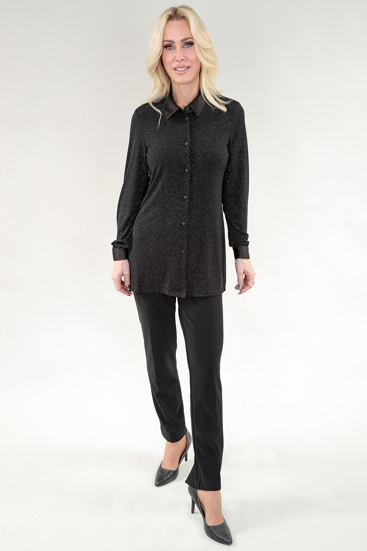 Long Sleeve Shirt, Satin Collar in A/S Black Shirt Glitter Fabric