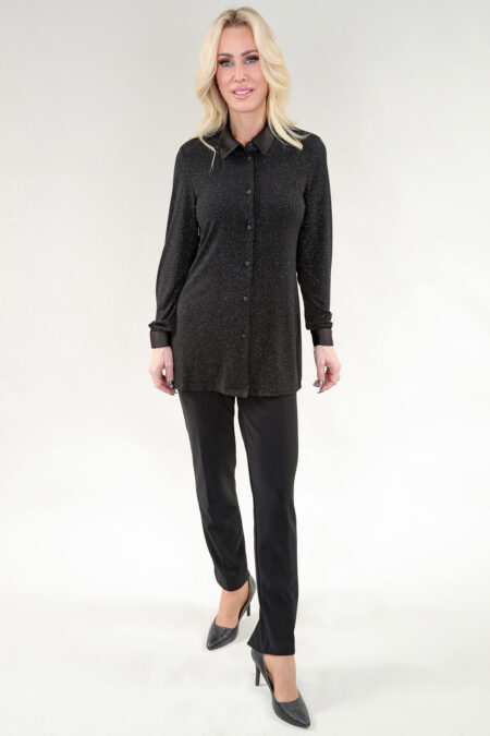 Chemise à manches longues col en satin – Pailleté Tissu, Noir